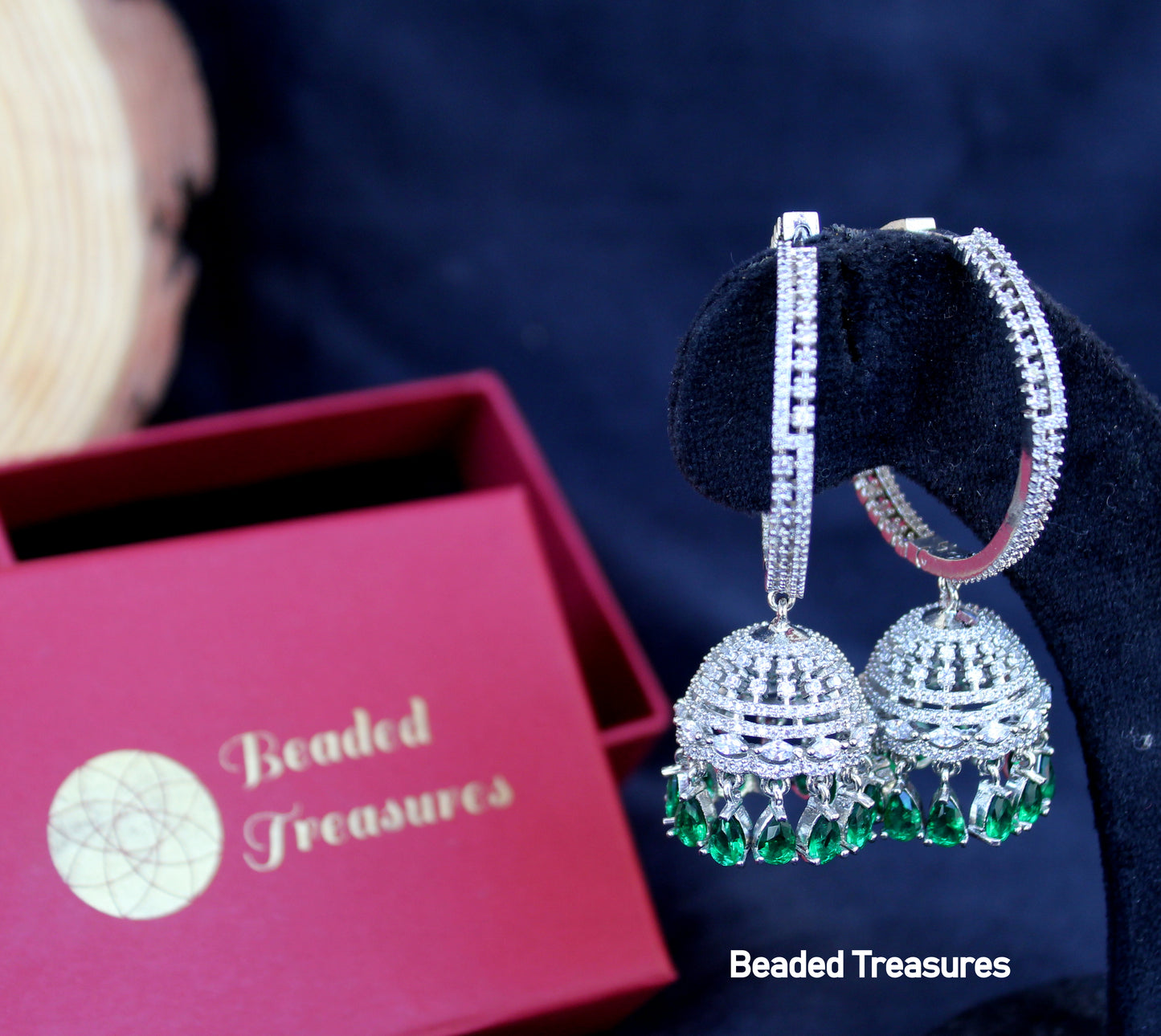 Silver-Toned CZ Hoop Jhumka Earrings with Green Stone Drops - Beaded Treasures