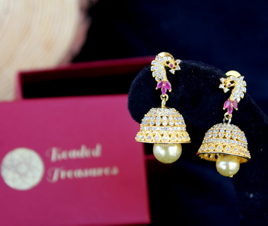 CZ Peacock Jhumkas - Beaded Treasures