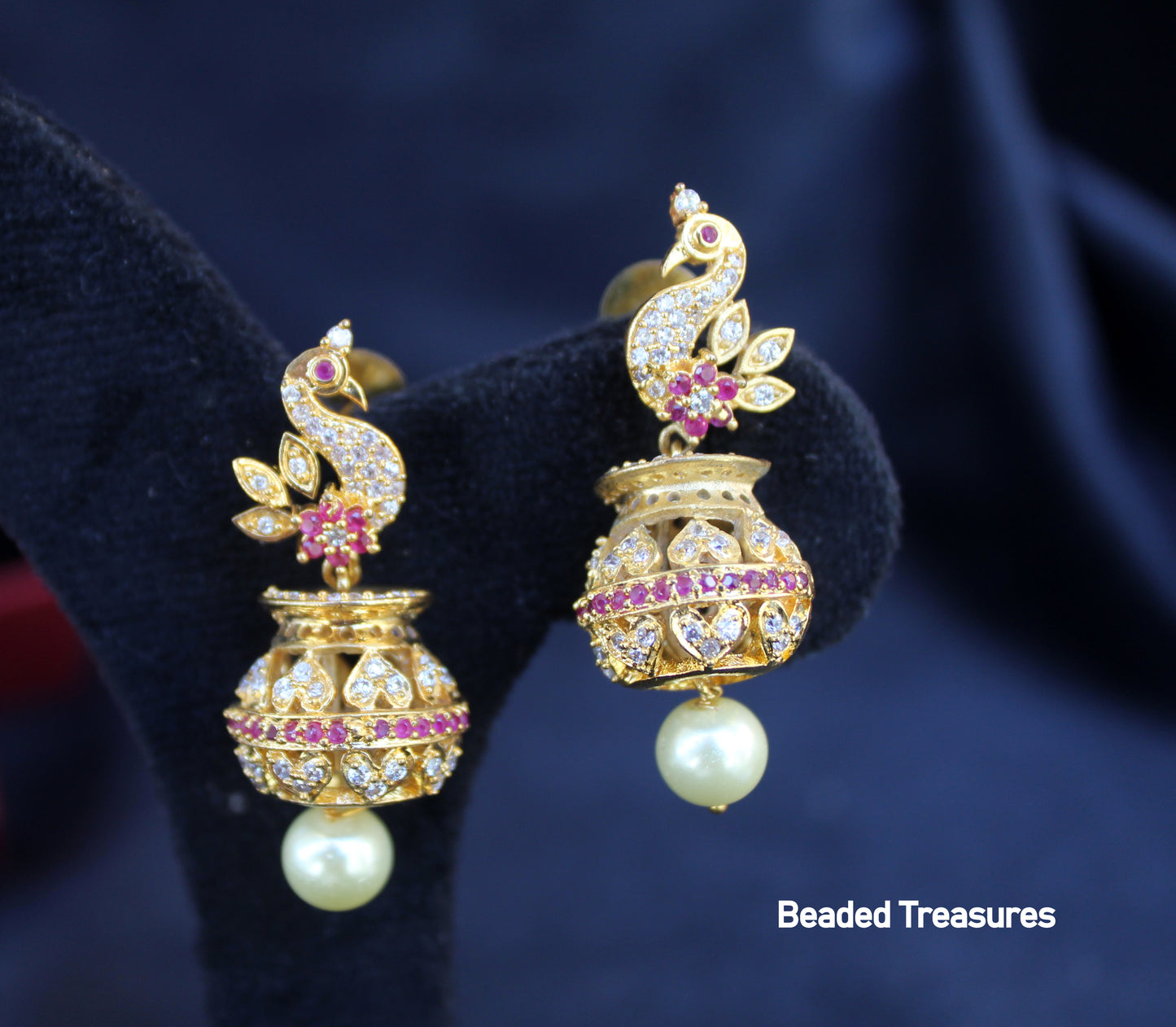 Gold-Toned Peacock Design Pot Jhumka Earrings with Pearl Drops - Beaded Treasures