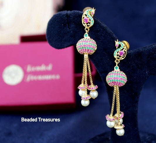 Gold-Toned CZ Ruby-Emerald Ball Earrings - Beaded Treasures