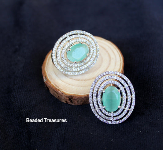 Zoey Mint Green American Diamond Silver Plated Ring - Beaded Treasures