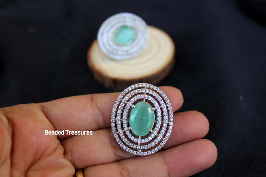 Zoey Mint Green American Diamond Silver Plated Ring - Beaded Treasures