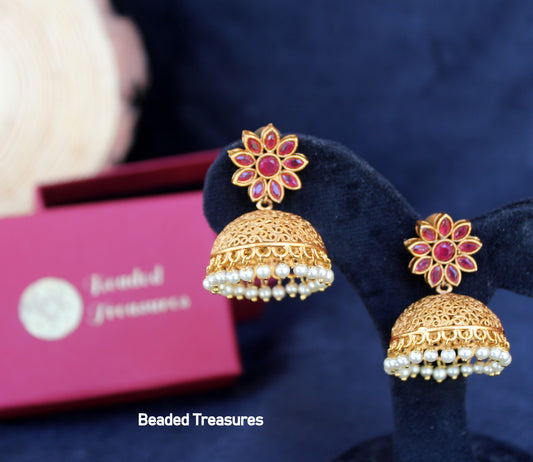 Stefan Gold Plated Kundan Studded Floral Jhumka Earrings - Beaded Treasures