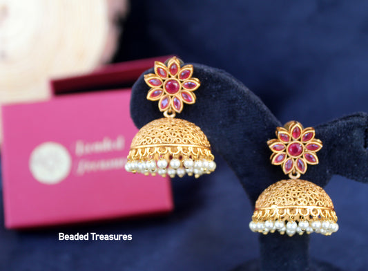 Stefan Gold Plated Kundan Studded Floral Jhumka Earrings - Beaded Treasures