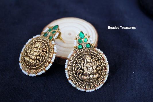 Goddess Lakshmi Nakshi Red Green Jadau Kundan Earrings - Beaded Treasures