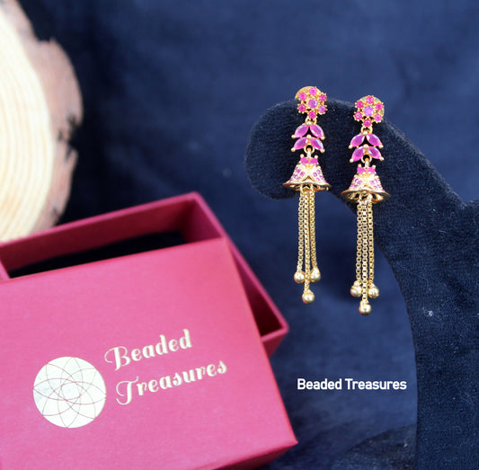 Gold Plated Ruby Stone Dangle Earrings - Beaded Treasures