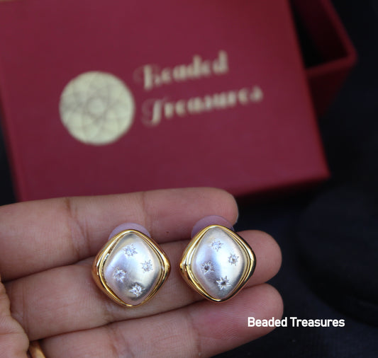 Rhombus Mother of Pearl Stud Earrings with CZ Accents - Beaded Treasures