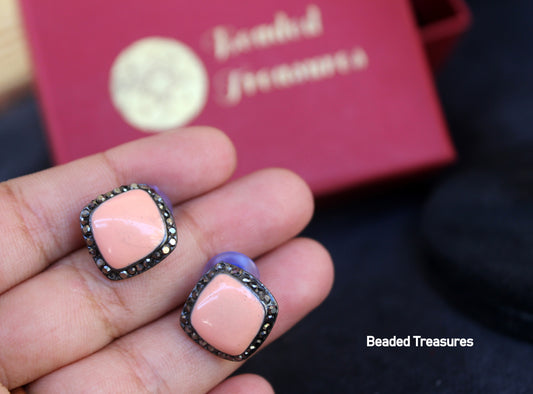 Square Peach Stone Stud Earrings with Dark Stone Accents - Beaded Treasures