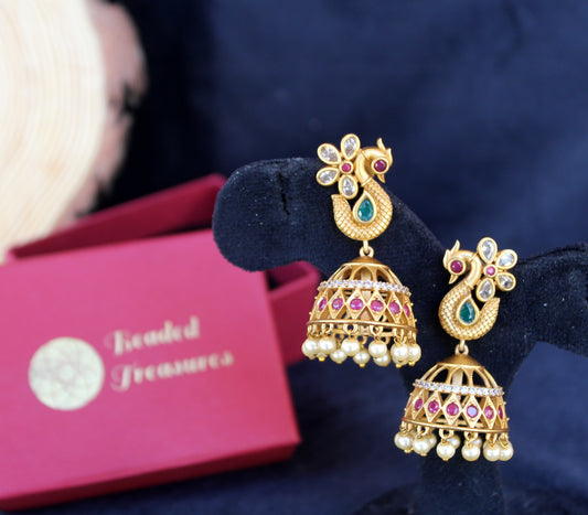 Peacock Design Jhumkas - Beaded Treasures