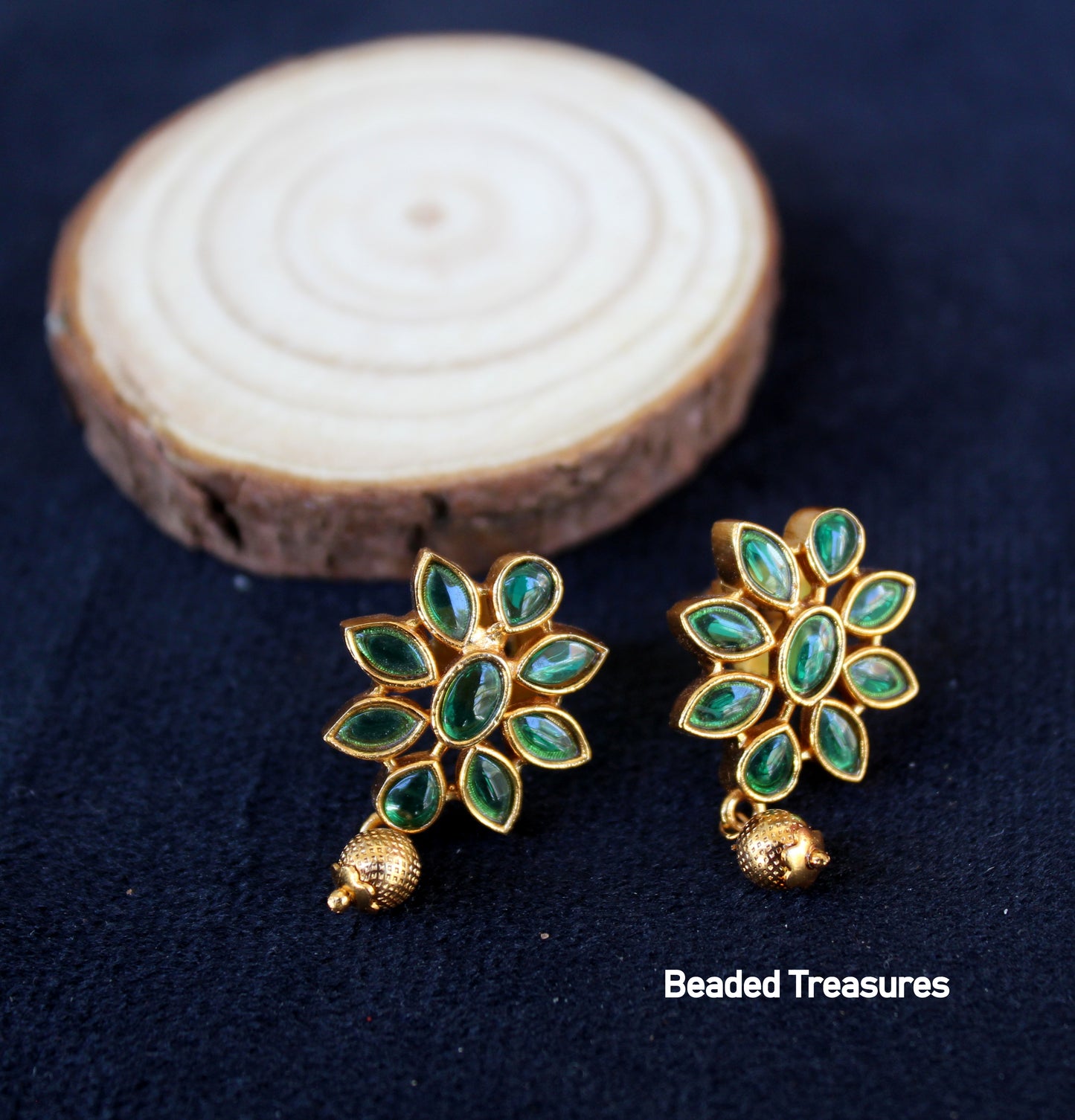 Gold Plated Green Stone Floral Stud Earrings - Beaded Treasures