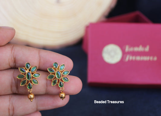 Gold Plated Green Stone Floral Stud Earrings - Beaded Treasures