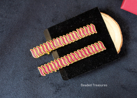 Pink Stone Hair Clips with Wavy Design (Pair) - Beaded Treasures