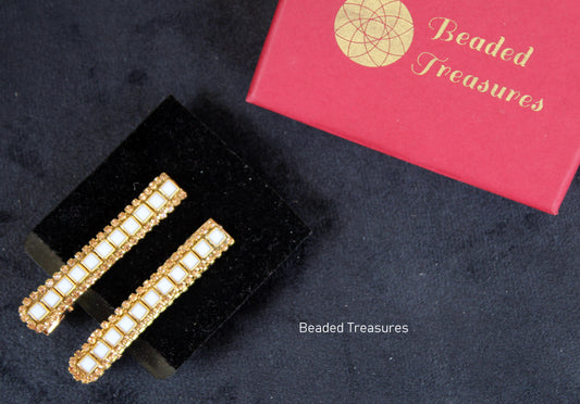 Gold and White Stone Hair Clips (Pair) - Beaded Treasures