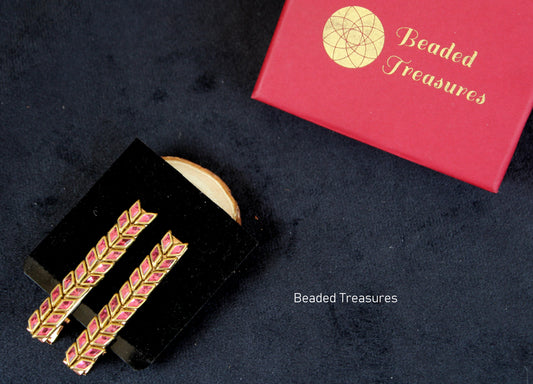 Pink Stone Hair Clips with Leaf Design (Pair) - Beaded Treasures
