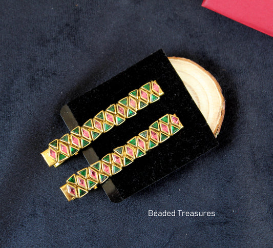Triangle Pink and Green Stone Hair Clips (Pair) - Beaded Treasures