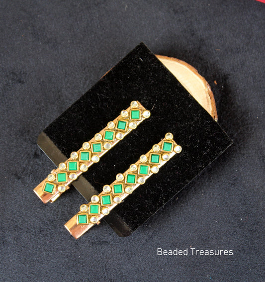 Green Stone Hair Clips (Pair) - Beaded Treasures