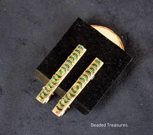 Green Stone Hair Clips with Moon Design (Pair) - Beaded Treasures