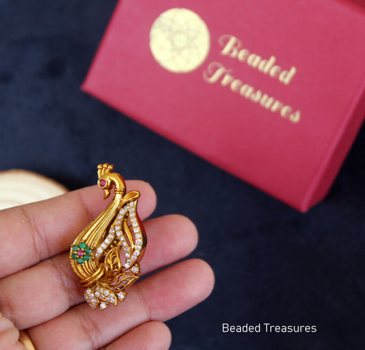 Peacock Design CZ Saree Pin - Beaded Treasures