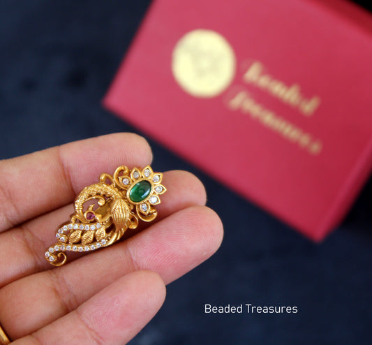Antique Gold Saree Pin with Green Stone - Beaded Treasures