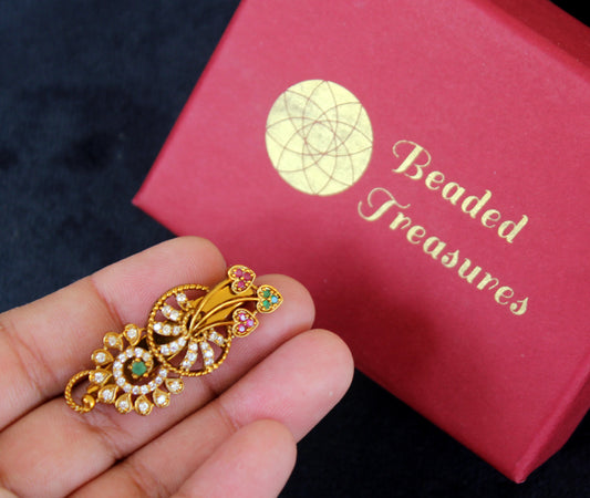 Antique Gold Saree Pin with Kemp & Green Stones - Beaded Treasures