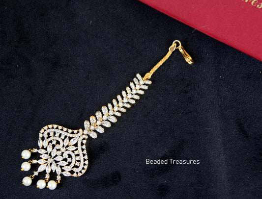 Gold Plated American Diamond Embellished Designer Maang Tikka - Beaded Treasures