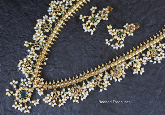 Elegant Guttapusalu Long Haram Necklace Set - Beaded Treasures