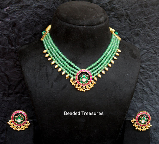Elegant Uttara Necklace Set with Green Beads & Kemp Stones - Beaded Treasures