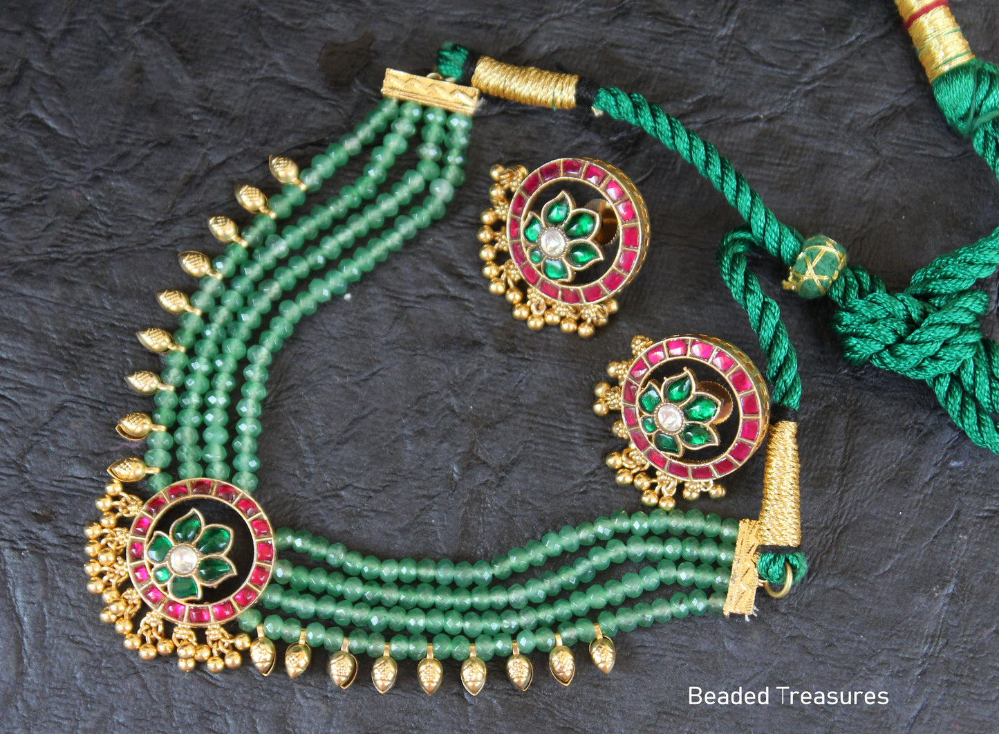 Elegant Uttara Necklace Set with Green Beads & Kemp Stones - Beaded Treasures