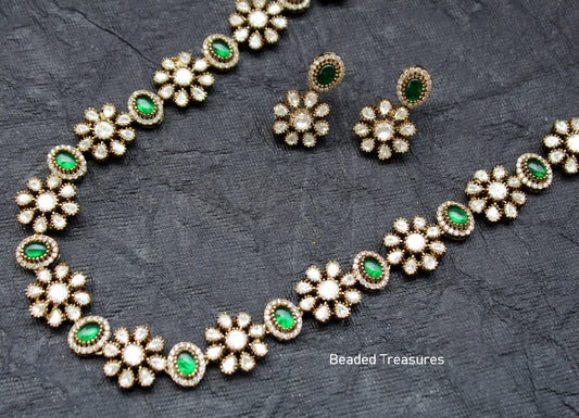 Elegant Long Kundan Necklace Set with Green Stones - Beaded Treasures