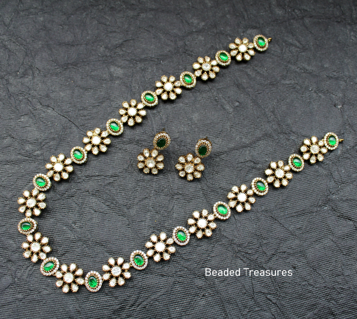 Elegant Long Kundan Necklace Set with Green Stones - Beaded Treasures