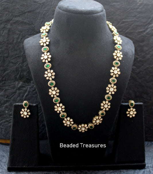 Elegant Long Kundan Necklace Set with Green Stones - Beaded Treasures