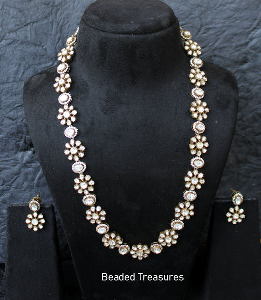 Elegant Moissanite Polki Long Necklace Set - Beaded Treasures