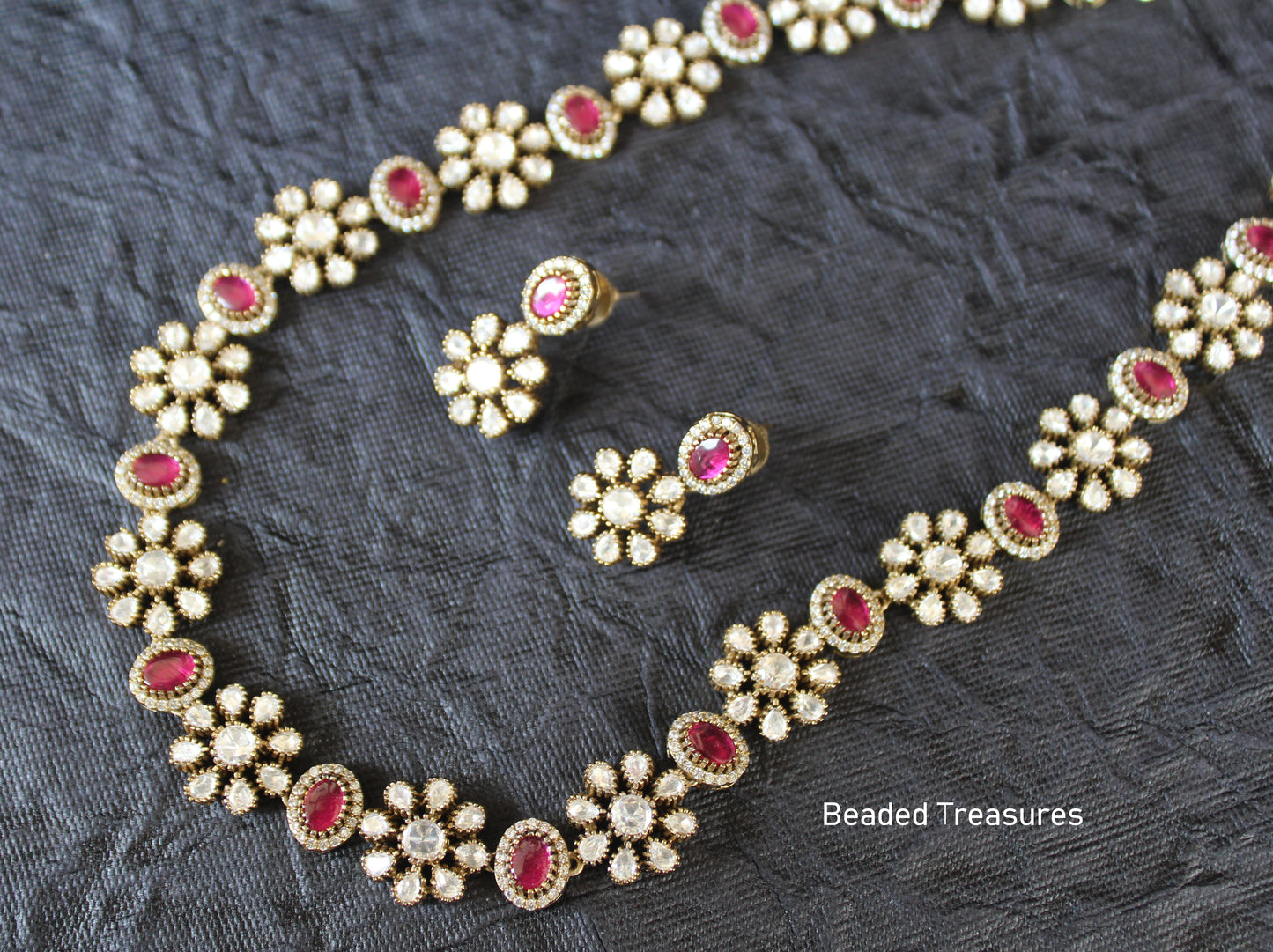 Elegant Kundan Necklace Set with Ruby Stones - Beaded Treasures