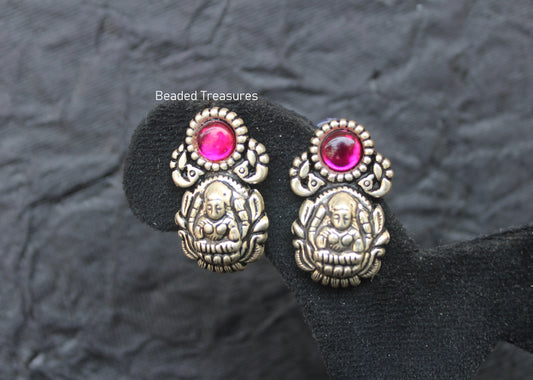 Oxidized Silver Style Lakshmi Devi Stud Earrings with Pink Stone - Beaded Treasures