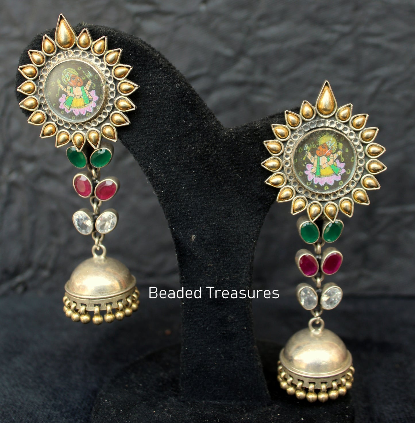 Silver Lord Ganesha Jhumka Earrings with Colorful Stones - Beaded Treasures
