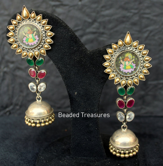 Silver Lord Ganesha Jhumka Earrings with Colorful Stones - Beaded Treasures
