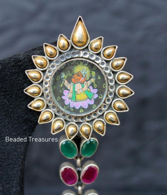 Silver Lord Ganesha Jhumka Earrings with Colorful Stones - Beaded Treasures
