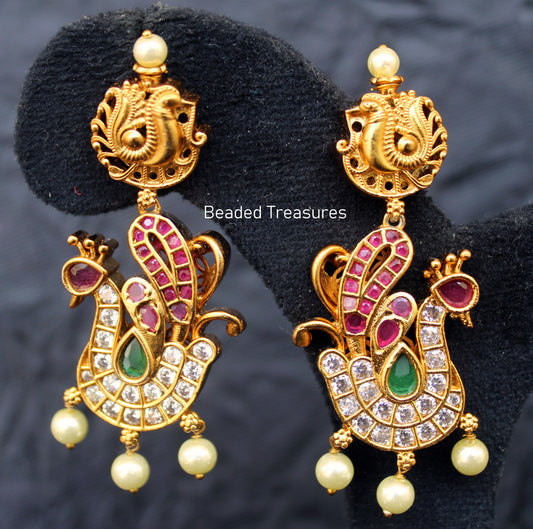 Antique Peacock Kemp Earrings with Pearl Drops - Beaded Treasures