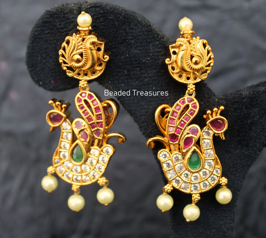 Antique Peacock Kemp Earrings with Pearl Drops - Beaded Treasures