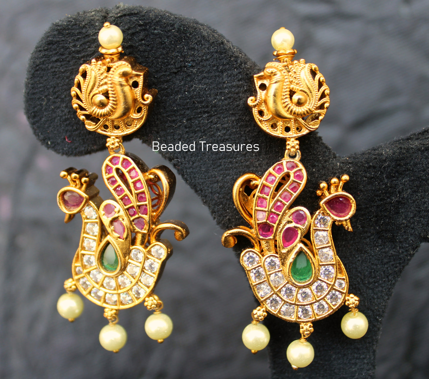 Antique Peacock Kemp Earrings with Pearl Drops - Beaded Treasures