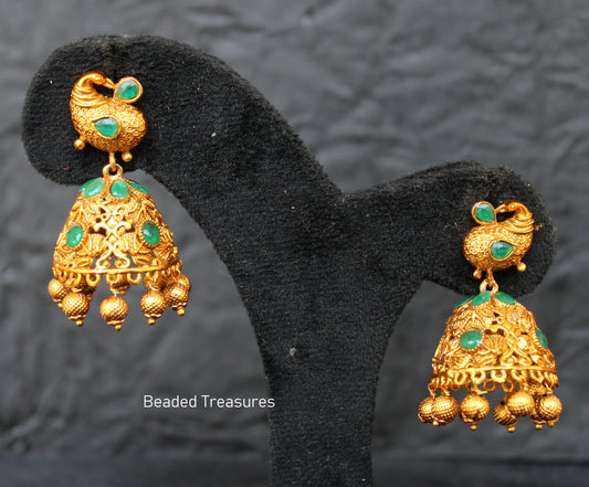 Matte Finish Green Lakshmi Coin Peacock Jhumka Earrings - Beaded Treasures