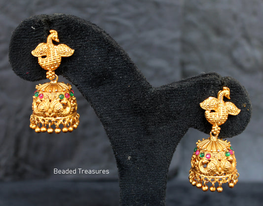 Antique Gold Peacock Jhumka Earrings with Colorful Stones - Beaded Treasures