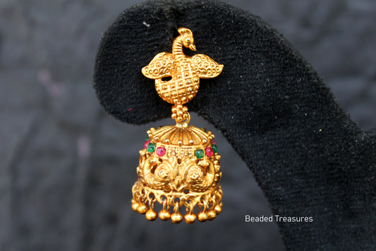 Antique Gold Peacock Jhumka Earrings with Colorful Stones - Beaded Treasures