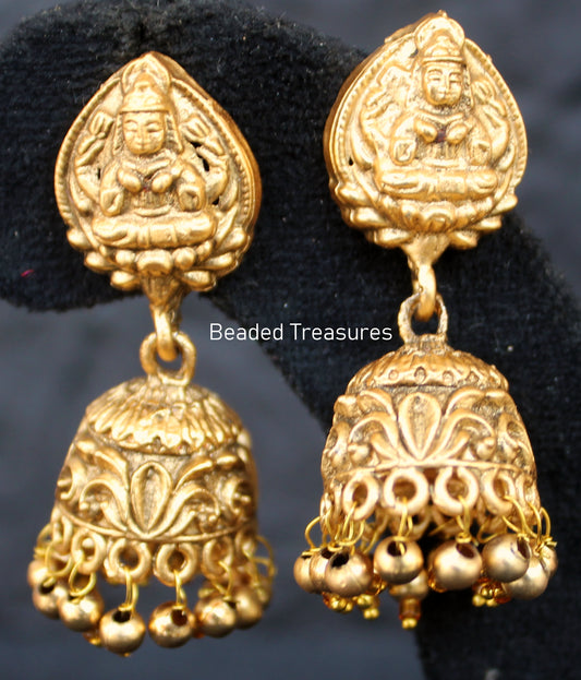 Antique Gold Lakshmi Devi Jhumka Earrings - Beaded Treasures