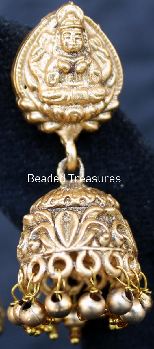 Antique Gold Lakshmi Devi Jhumka Earrings - Beaded Treasures