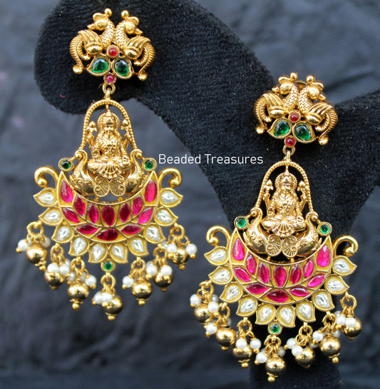 Gaja Lakshmi Antique Gold Earrings with Kemp, Emerald & Pearls - Beaded Treasures