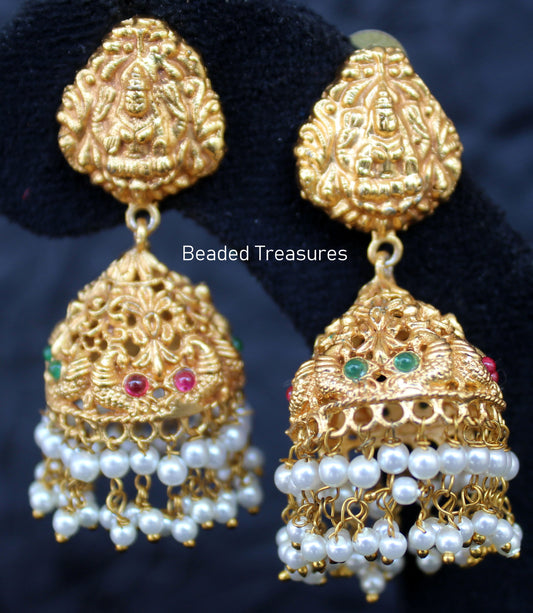 Antique Gold Lakshmi Devi Dome Jhumka Earrings with Stones & Pearls - Beaded Treasures