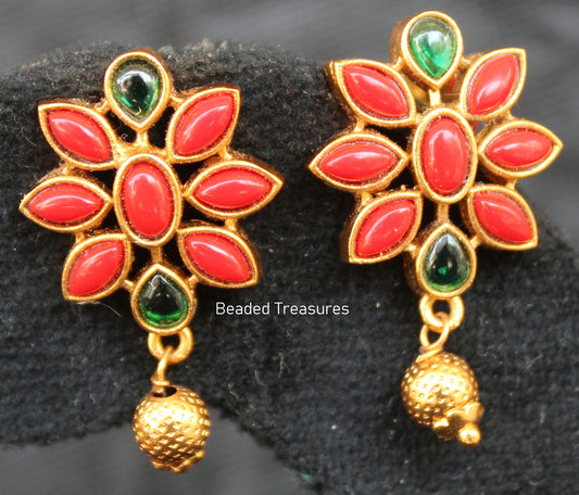Kemp & Green Stone Flower Earrings with Gold Drop - Beaded Treasures