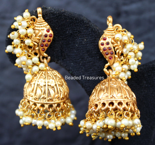 Antique Gold Tone Lakshmi Jhumka Earrings with Kemp & Pearls - Beaded Treasures