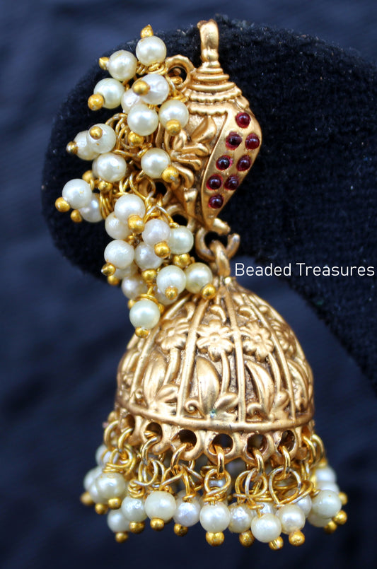 Antique Gold Tone Lakshmi Jhumka Earrings with Kemp & Pearls - Beaded Treasures